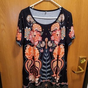Floral Print Black and Orange Women's Dress, Size XXL